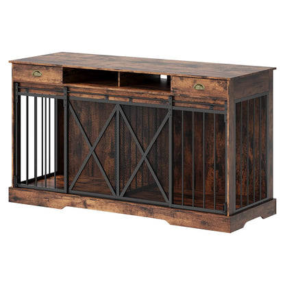 Kovup Double Sliding Dog Crate Furniture – Indoor Dual Kennel Credenza with Storage Drawers for Living Room