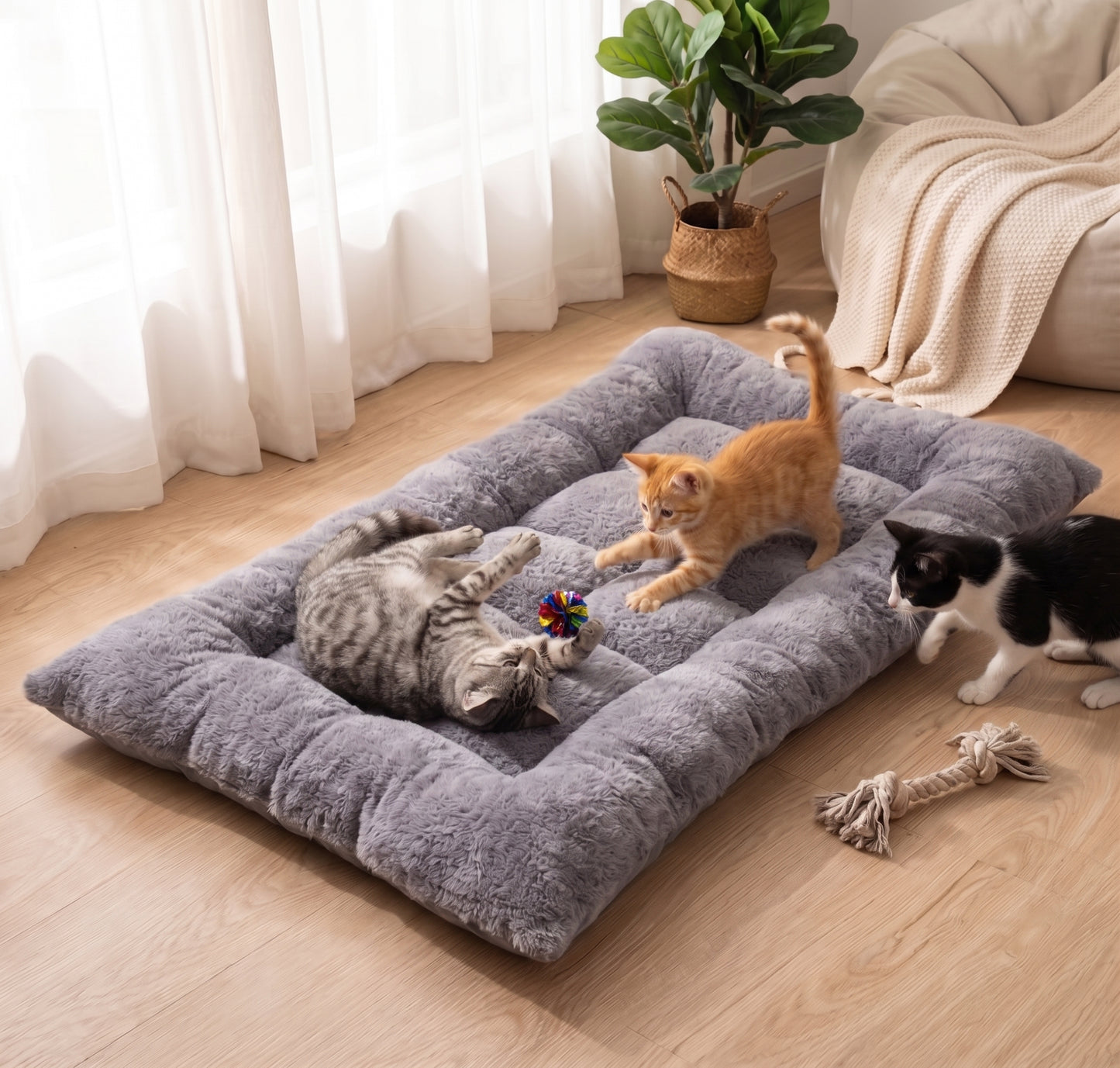 Tufted Padded Rectangular Pet Bed – Large Soft Floor Lounger Mat with Raised Bolster Edges for Dogs and Cats