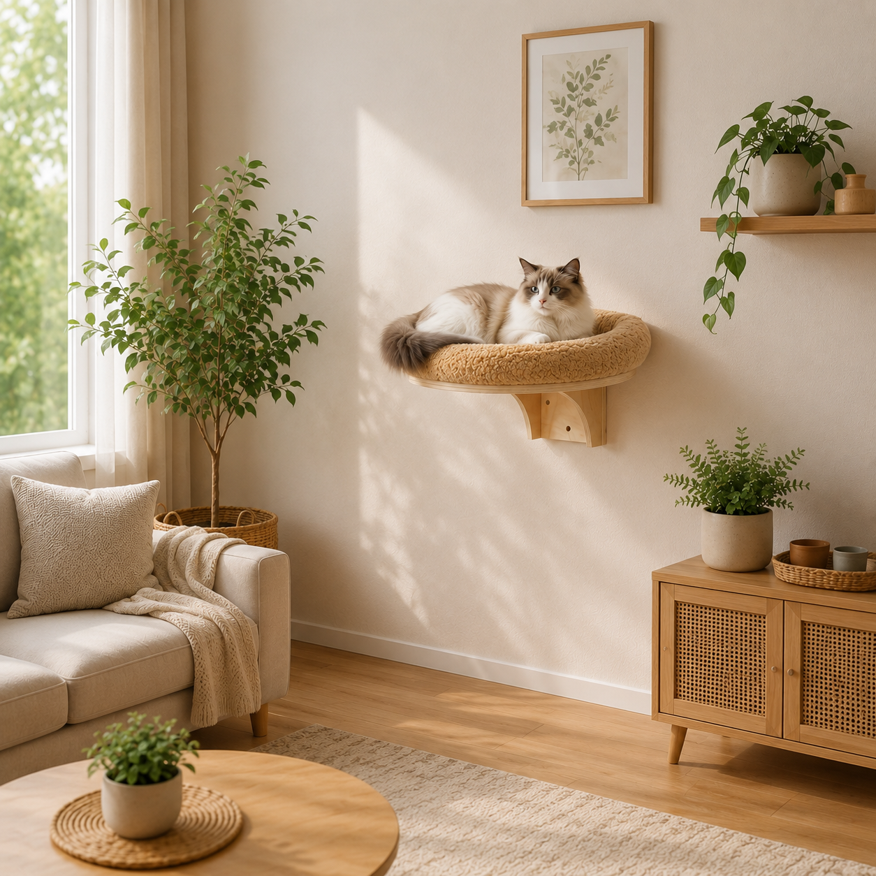 Wall-Mounted Bolster Cat Perch – Floating Elevated Pet Shelf Bed with Plush Cushion for Indoor Cats
