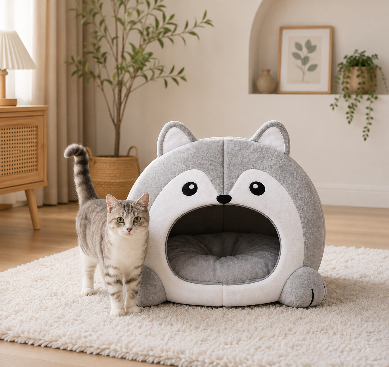 Enclosed Plush Cat Cave Bed – Indoor Igloo Cave House with Removable Padded Cushion for Small Dogs and Kittens