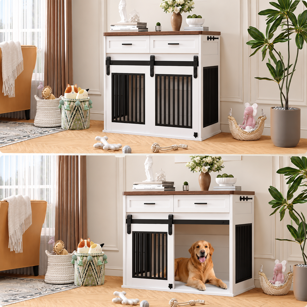 Pawkel Barn-Door Dog Crate Furniture – Indoor Pet Kennel Credenza with Storage Drawers and Sliding Door