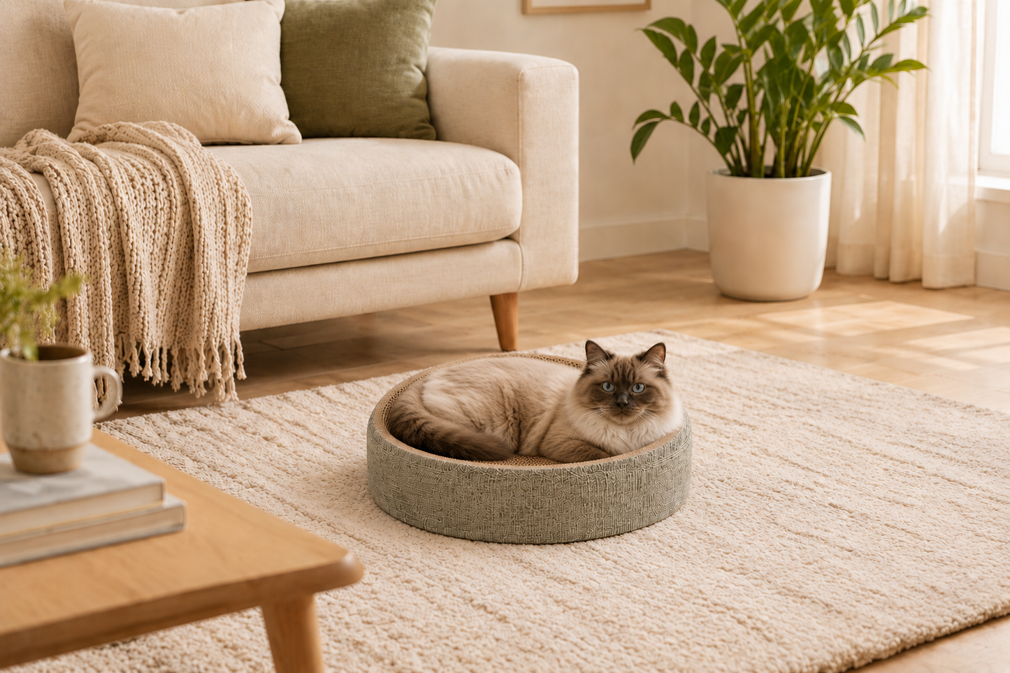 Oval Scratch Pad Cat Bed – Concave Claw Scratcher Lounge with Non-Slip Bottom for Indoor Pets