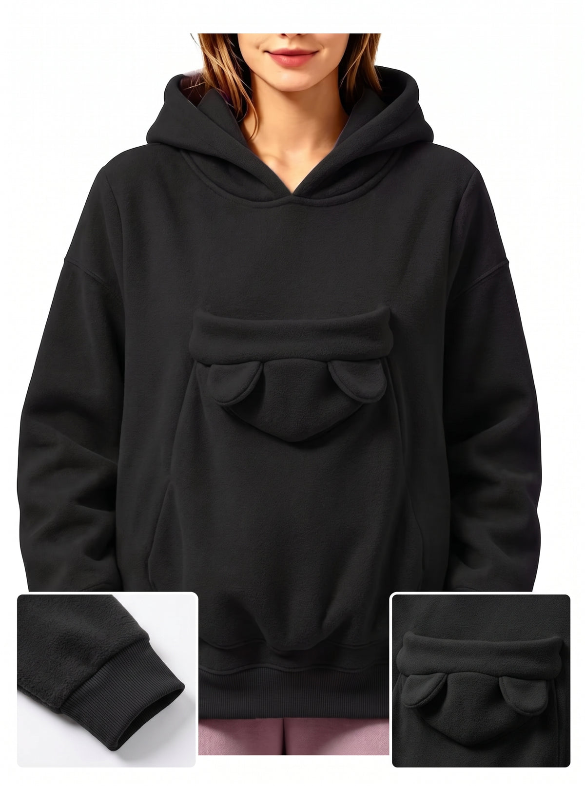 Ear-Detail Pouch Pet Carrier Hoodie – Sweatshirt Pullover with Front Pocket for Cats and Small Dogs