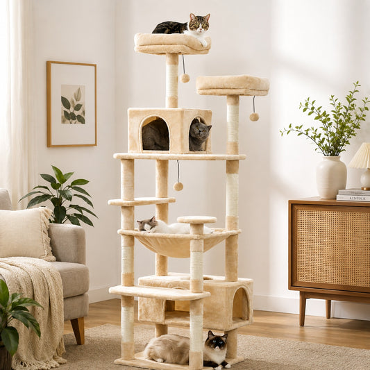 Multi-Level Scratching Cat Tree Large – Climbing Tower Activity Center with Condos Hammock and Perches for Indoor Cats