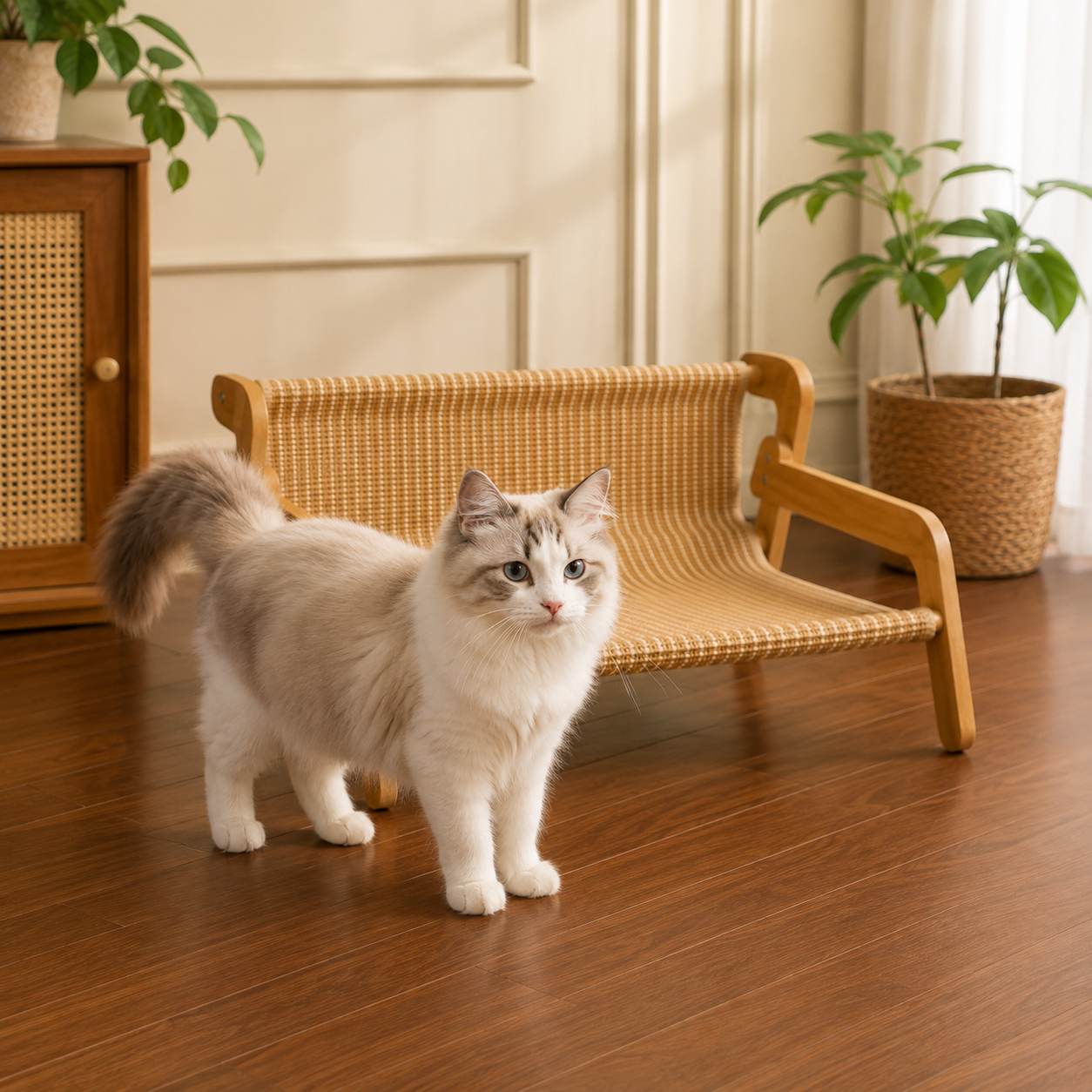 Elevated Lounge Cat Bed – Raised Pet Sofa Hammock with Backrest and Armrests for Indoor Animals