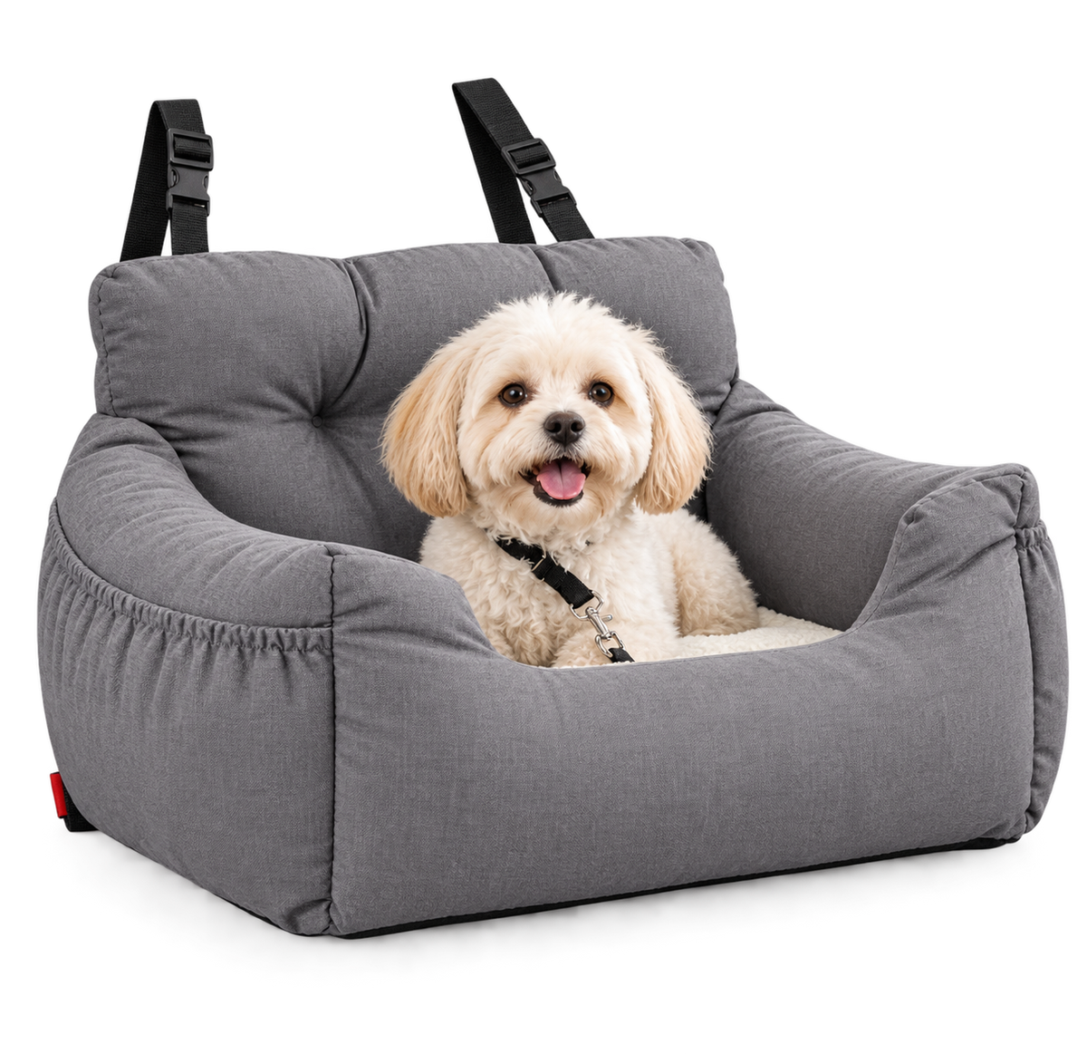 Bolstered Dog Car Seat – Travel Booster Bed with Adjustable Headrest Strap and Side Storage Pocket for Small Pets