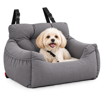Bolstered Dog Car Seat – Travel Booster Bed with Adjustable Headrest Strap and Side Storage Pocket for Small Pets