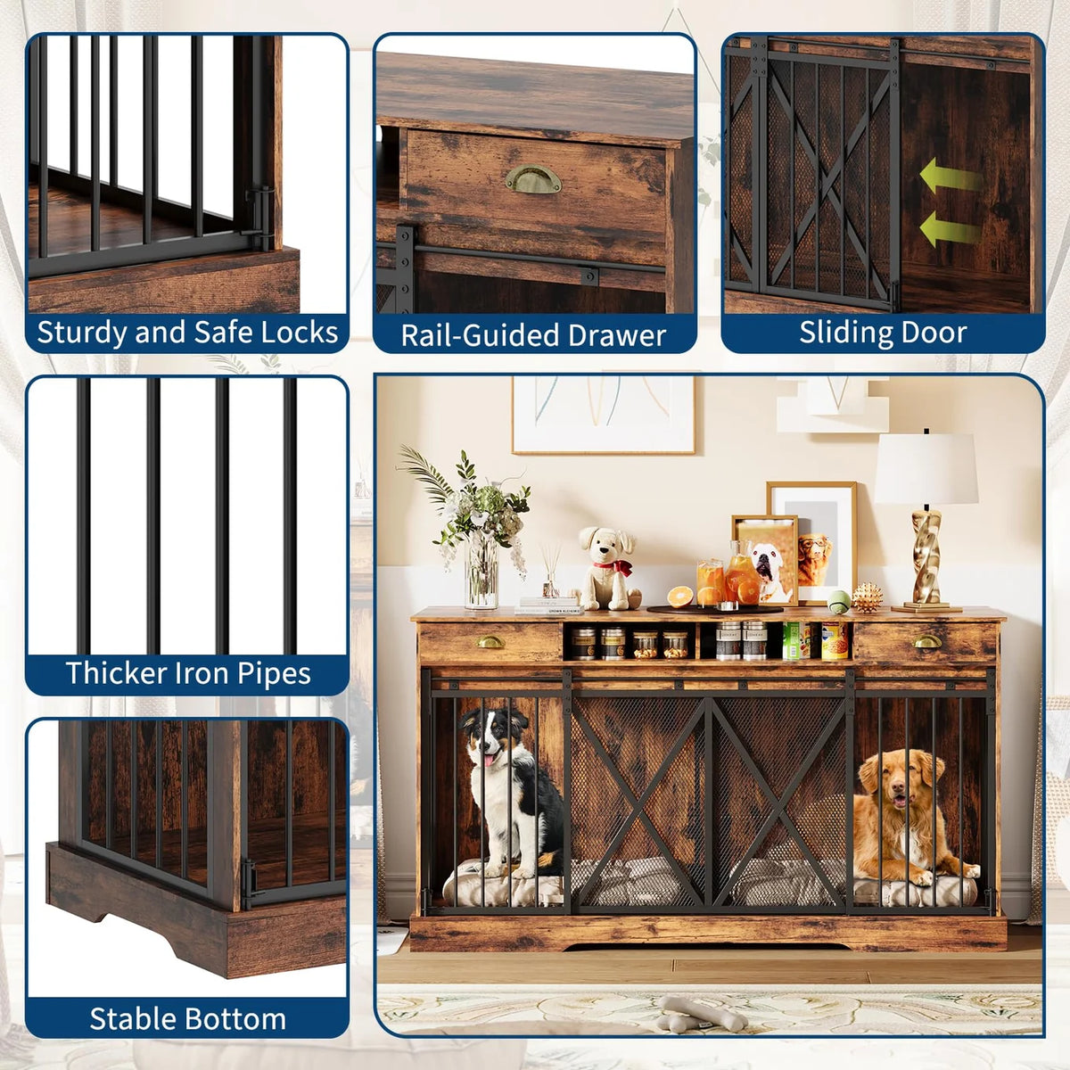 Kovup Double Sliding Dog Crate Furniture – Indoor Dual Kennel Credenza with Storage Drawers for Living Room