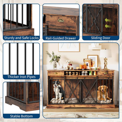 Kovup Double Sliding Dog Crate Furniture – Indoor Dual Kennel Credenza with Storage Drawers for Living Room