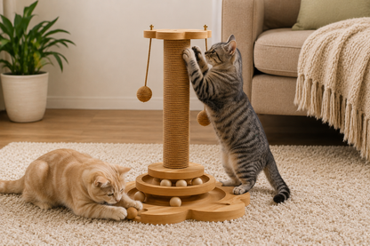 Interactive Track Cat Scratching Post – Two-Tier Ball Tower with Spring Teaser Feather Toy for Indoor Cats