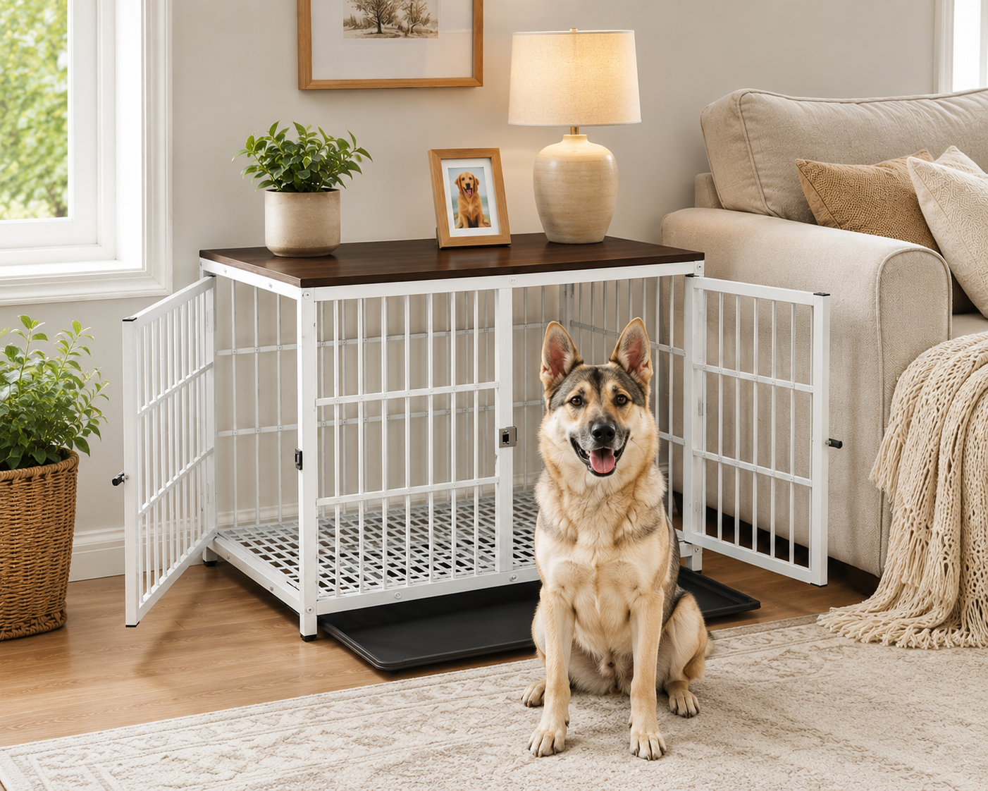 Furniture Three Door Dog Crate – End-Table Pet Kennel with Removable Tray for Indoor Dogs