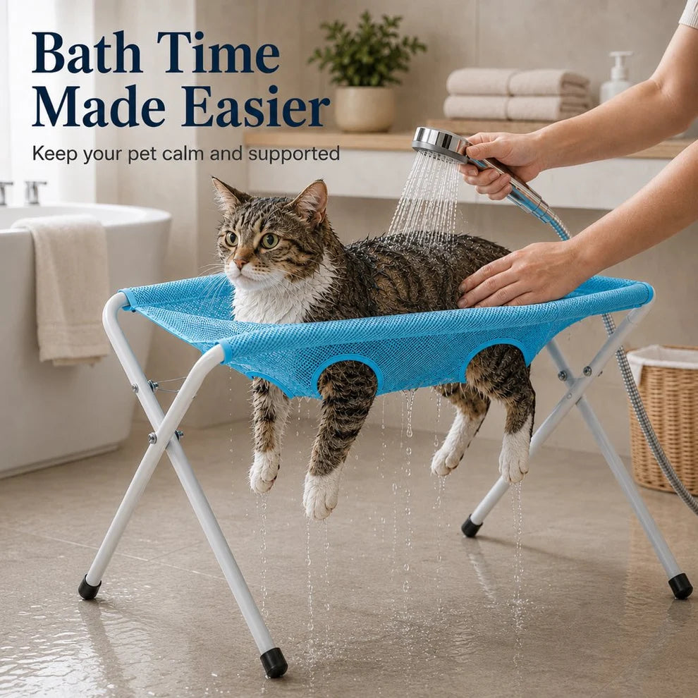 Folding Elevated Dog Grooming Stand – Hammock Station for Cat Bathing, Shower Washing and Nail Trimming