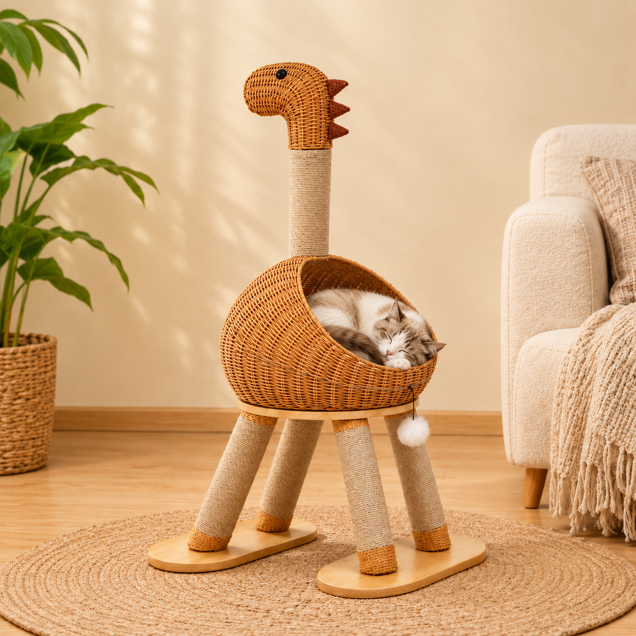 Dinosaur Scratching Cat Tree – Climbing Tower with Woven Condo Cave Post and Hanging Toy for Indoor Cats