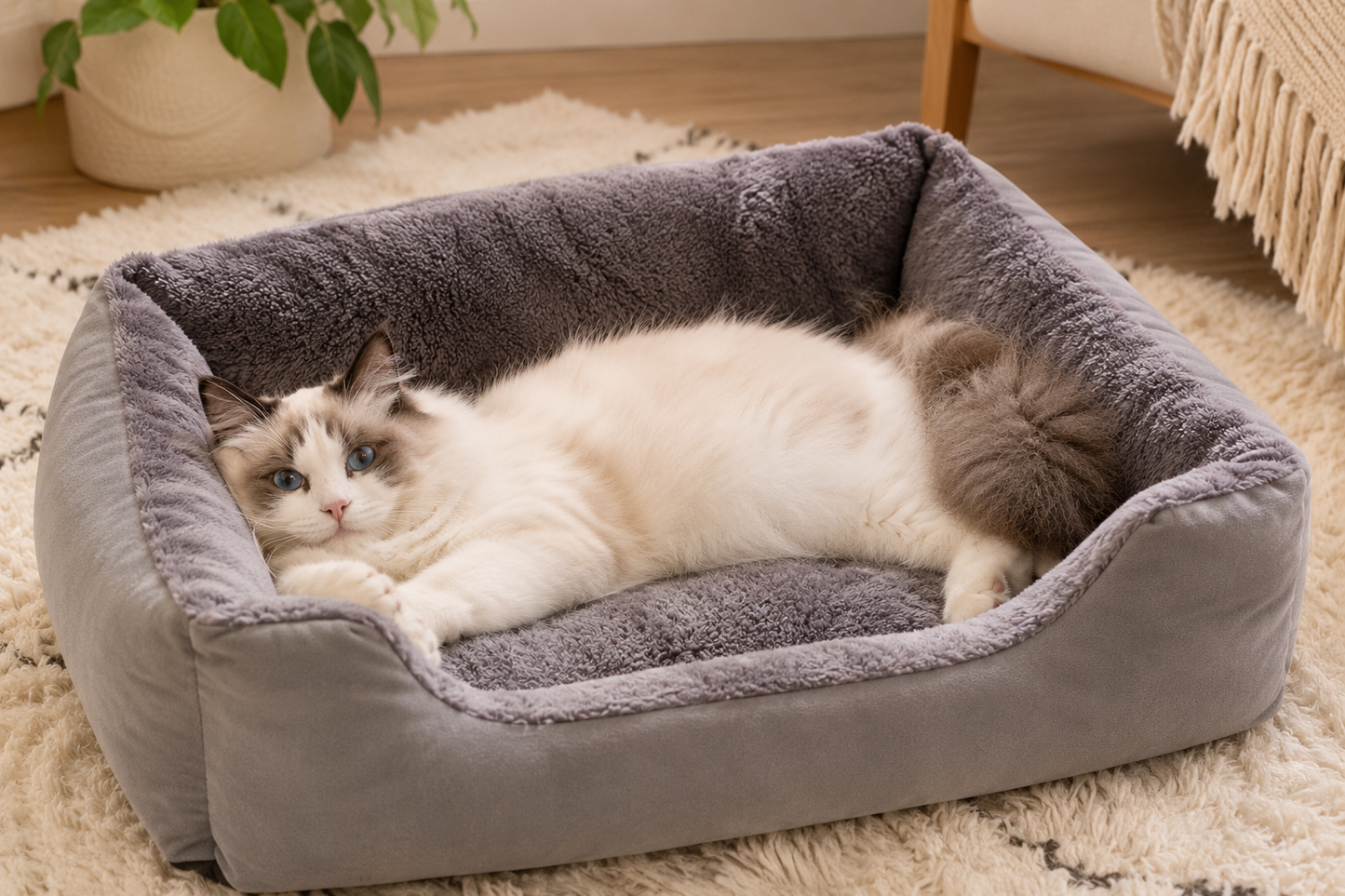 Rectangular Plush Cat Bed – Plush Cuddler Lounger with Low Front Step-In Entry for Cats and Dogs