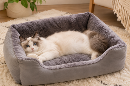 Rectangular Plush Cat Bed – Plush Cuddler Lounger with Low Front Step-In Entry for Cats and Dogs