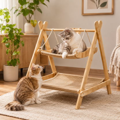 Hanging Swing Cat Bed – Freestanding A-Frame Double-Tier Pet Hammock Lounger for Indoor Cats