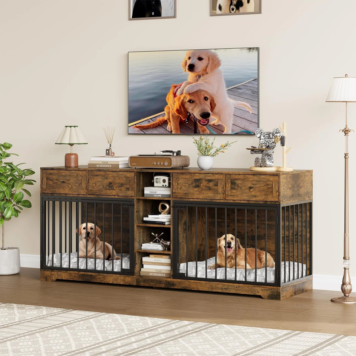 Pawlek Storage Credenza Dog Crate Furniture – Dual Kennel Sideboard with Drawers and Shelves for Pet Supplies