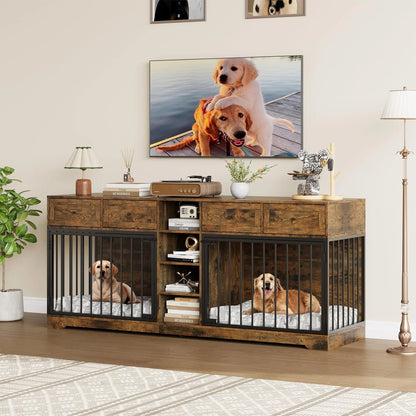 Pawlek Storage Credenza Dog Crate Furniture – Dual Kennel Sideboard with Drawers and Shelves for Pet Supplies