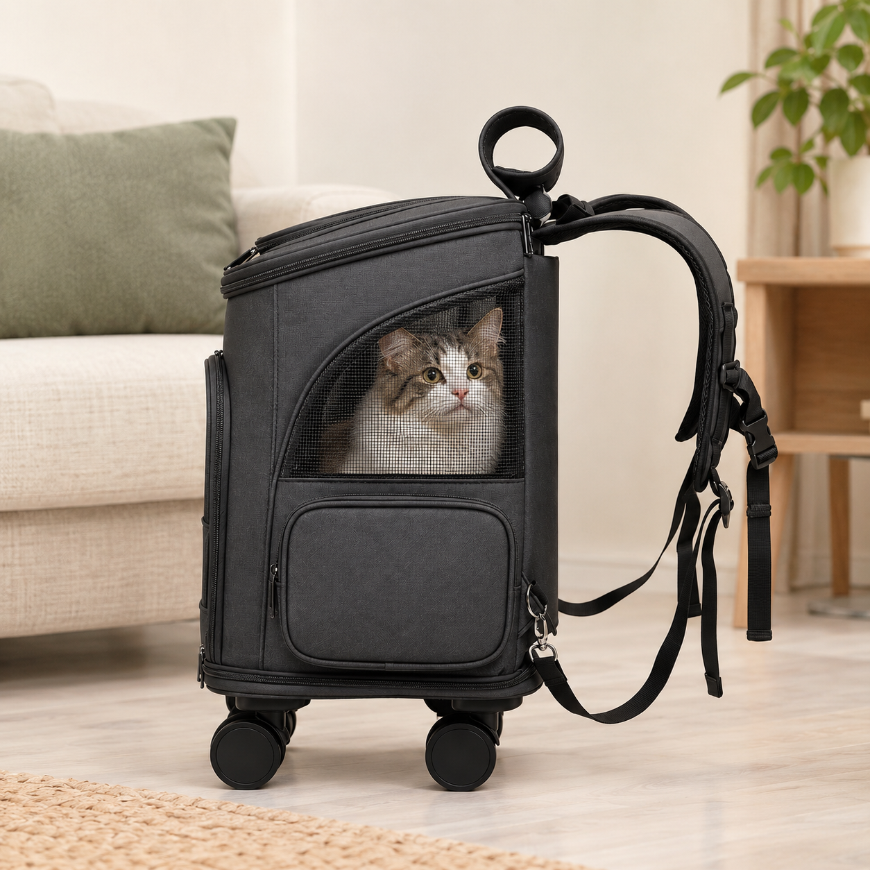 Rolling Telescopic Handle Pet Backpack – Wheeled Travel Trolley Carrier with Mesh Windows and Dual-Sided Mat for Cats
