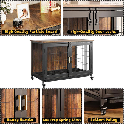 Pawvov 37.5" Rolling Double-Door Dog Crate Furniture – End Table Kennel with Removable Pull-Out Tray