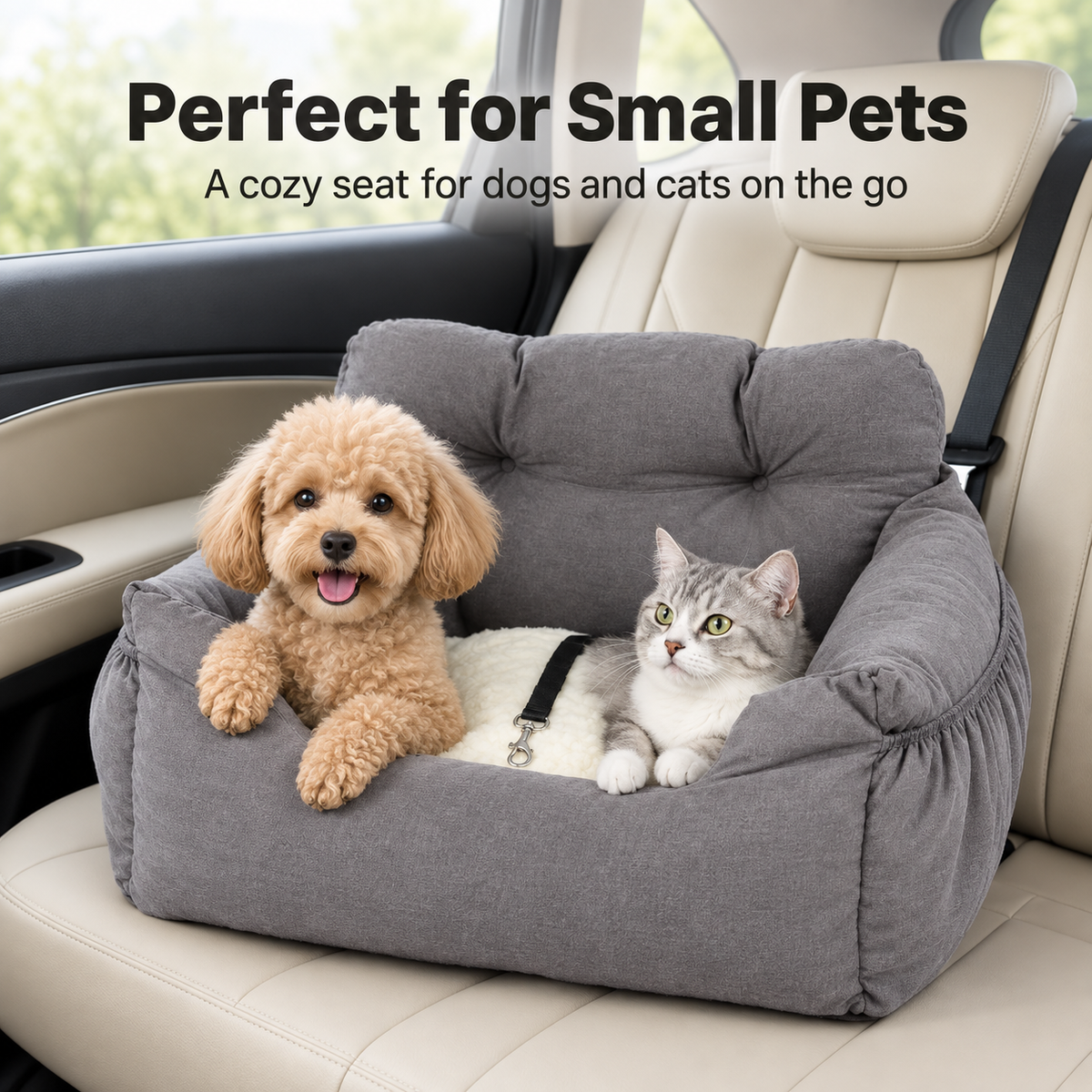 Bolstered Dog Car Seat – Travel Booster Bed with Adjustable Headrest Strap and Side Storage Pocket for Small Pets
