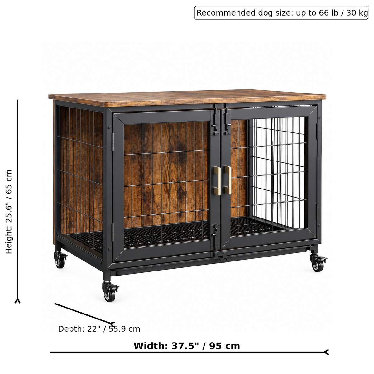 Pawvov 37.5" Rolling Double-Door Dog Crate Furniture – End Table Kennel with Removable Pull-Out Tray