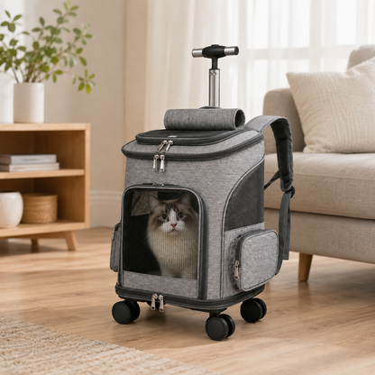 Rolling Telescopic Handle Pet Backpack – Wheeled Travel Trolley Carrier with Mesh Windows and Dual-Sided Mat for Cats