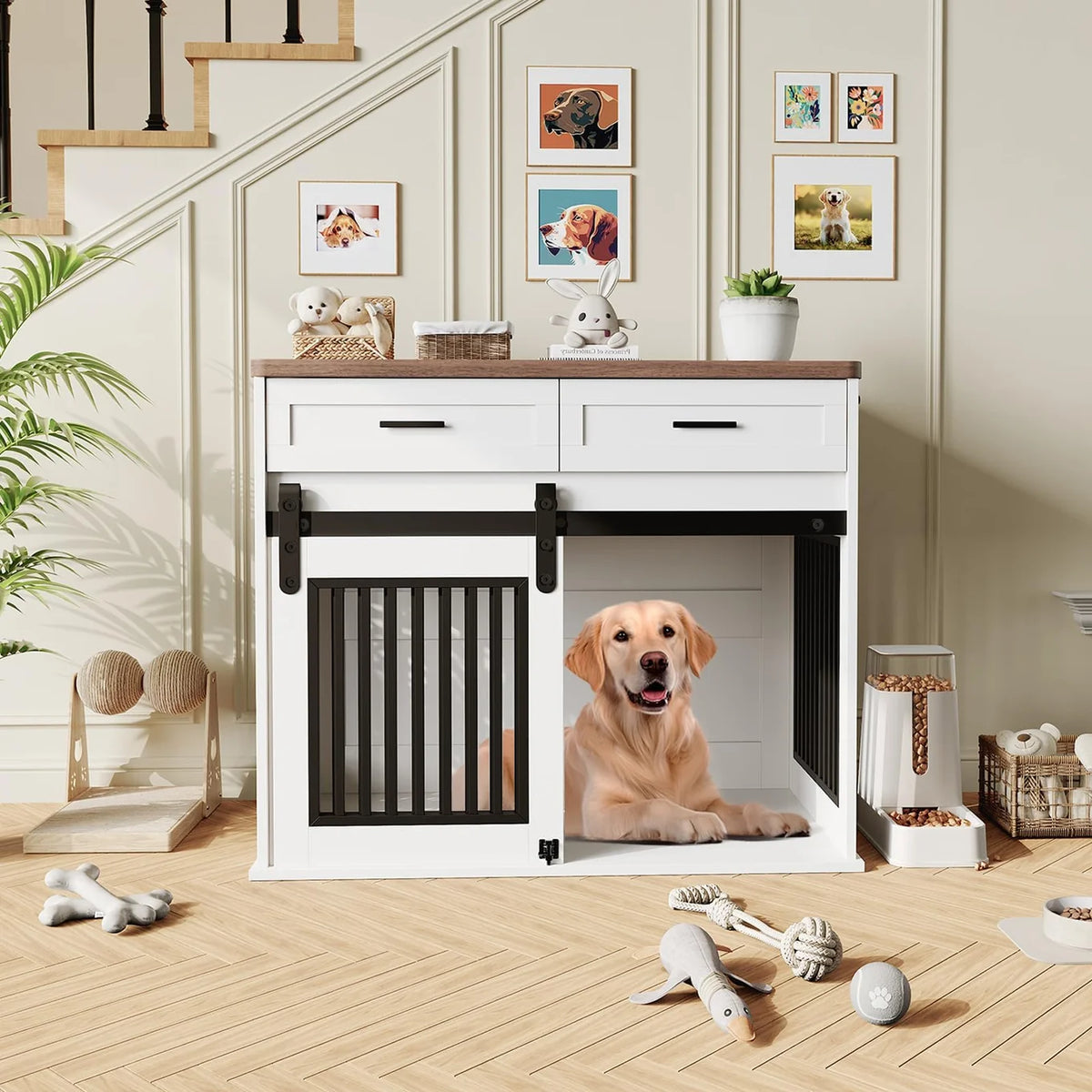 Pawkel Barn-Door Dog Crate Furniture – Indoor Pet Kennel Credenza with Storage Drawers and Sliding Door