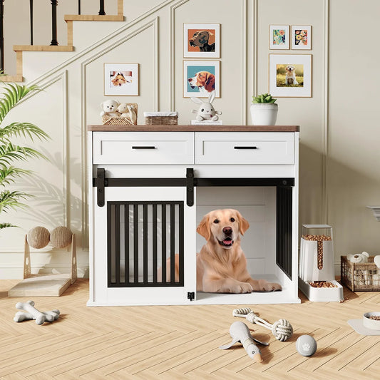 Pawkel Barn-Door Dog Crate Furniture – Indoor Pet Kennel Credenza with Storage Drawers and Sliding Door