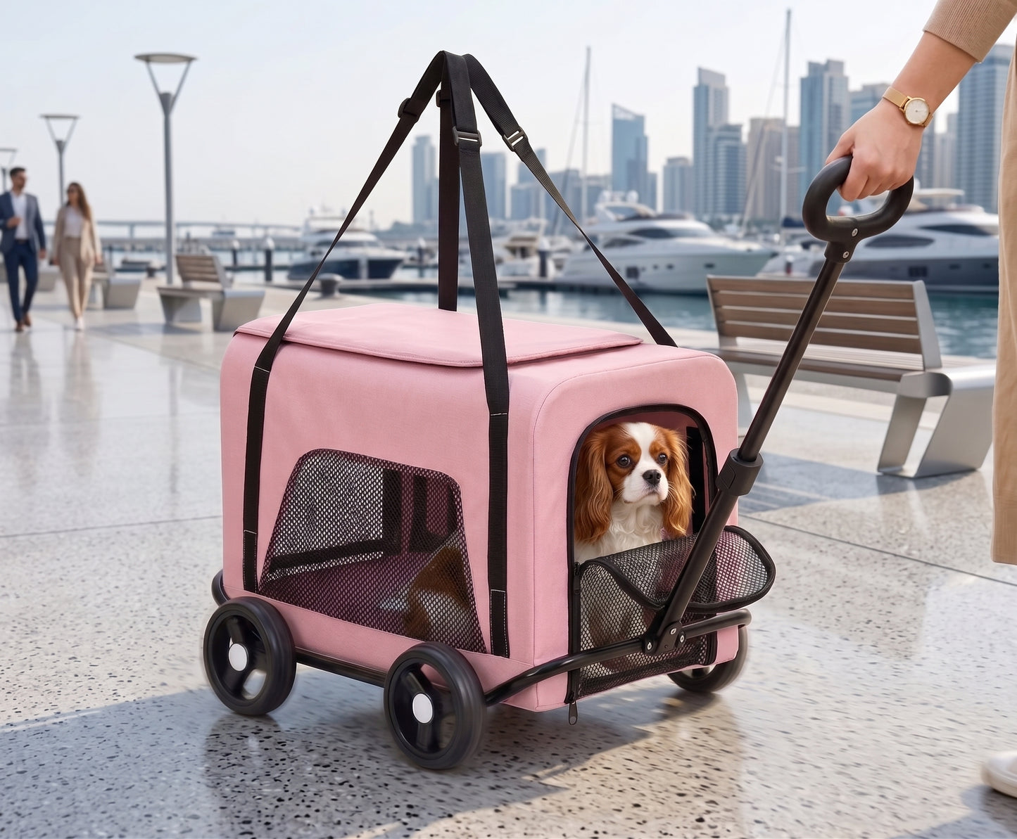 Foldable Detachable Pet Stroller Trolley – 2-in-1 Travel Trolley with Four Wheels Mesh Windows and Shoulder Strap