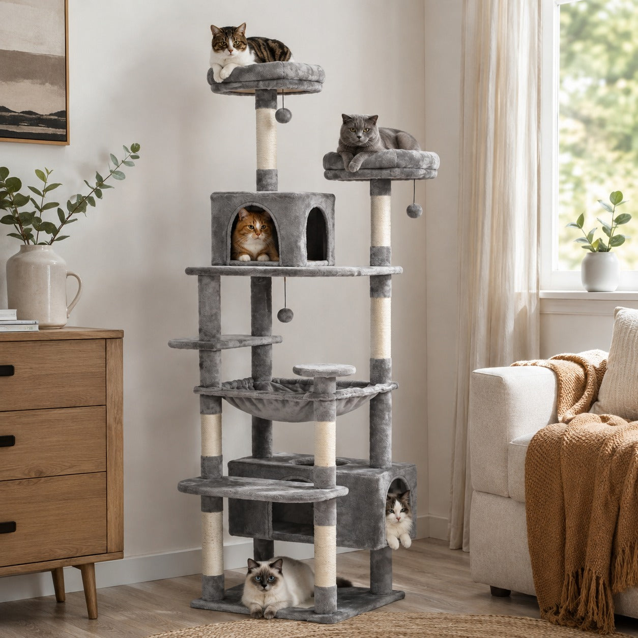 Multi-Level Scratching Cat Tree Large – Climbing Tower Activity Center with Condos Hammock and Perches for Indoor Cats