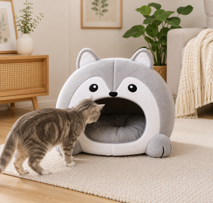 Enclosed Plush Cat Cave Bed – Indoor Igloo Cave House with Removable Padded Cushion for Small Dogs and Kittens