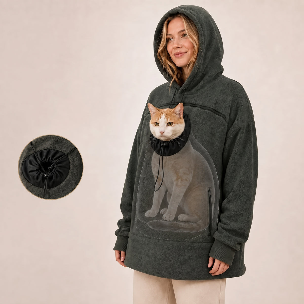 Hands-Free Pouch Pet Carrier Hoodie – Sweatshirt with Cinch Head Opening and Zipper Pockets for Cats Small Dogs