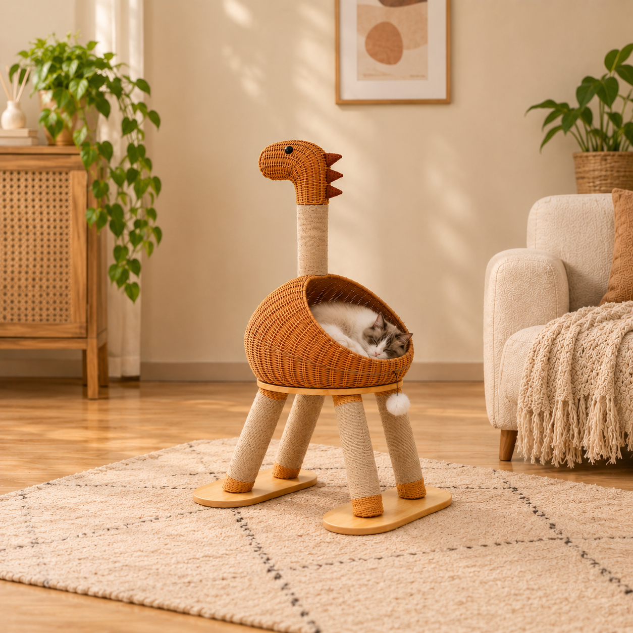 Dinosaur Scratching Cat Tree – Climbing Tower with Woven Condo Cave Post and Hanging Toy for Indoor Cats