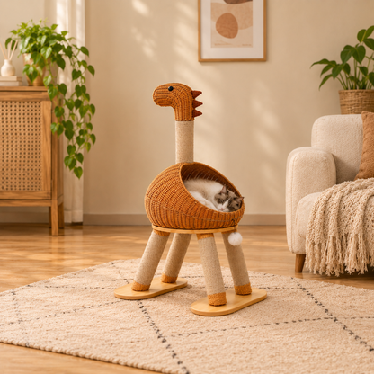 Dinosaur Scratching Cat Tree – Climbing Tower with Woven Condo Cave Post and Hanging Toy for Indoor Cats