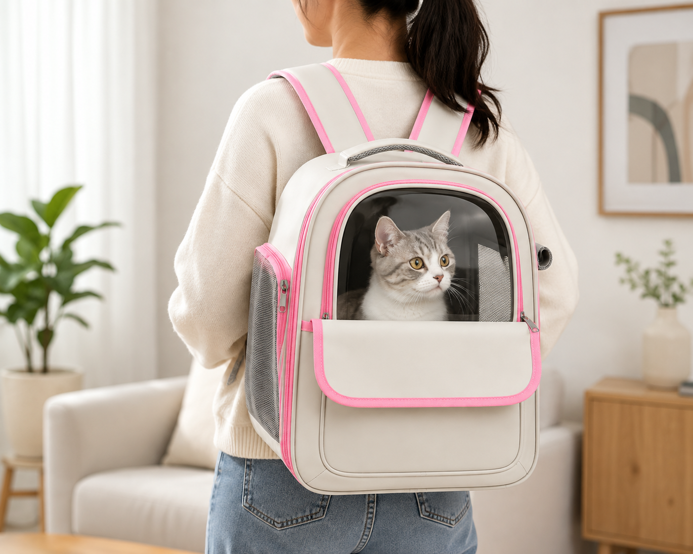 Clear-Window Breathable Cat Backpack – Pet Carrier with Mesh Ventilation Side Pockets and Padded Straps for Small Dogs