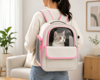 Clear-Window Breathable Cat Backpack – Pet Carrier with Mesh Ventilation Side Pockets and Padded Straps for Small Dogs