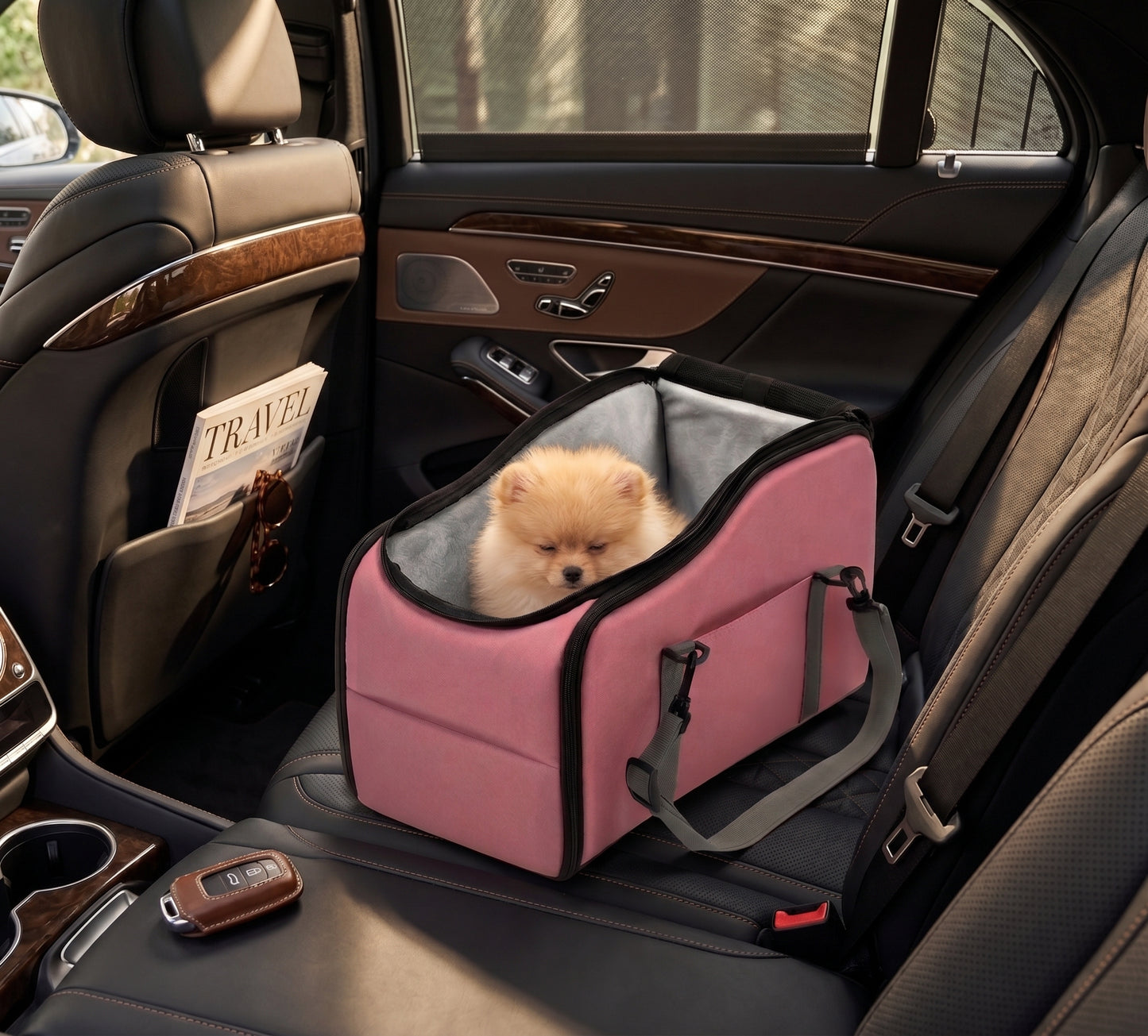 Multi-Functional Console Pet Car Seat – 4-in-1 Travel Carrier Bag and Backpack with Mesh Sunroof for Small Dogs and Cats