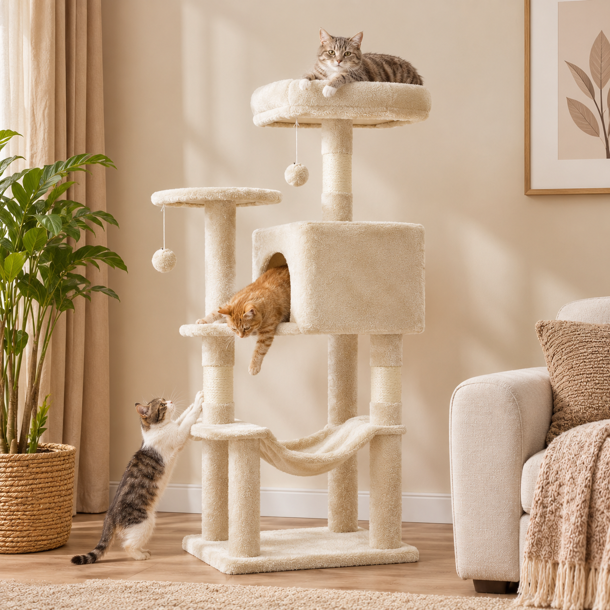 Multi-Tier Climbing Cat Tree – Modern Pet Tower with Scratching Posts Plush Perches and Play Balls