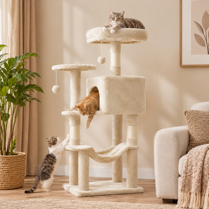 Multi-Tier Climbing Cat Tree – Modern Pet Tower with Scratching Posts Plush Perches and Play Balls