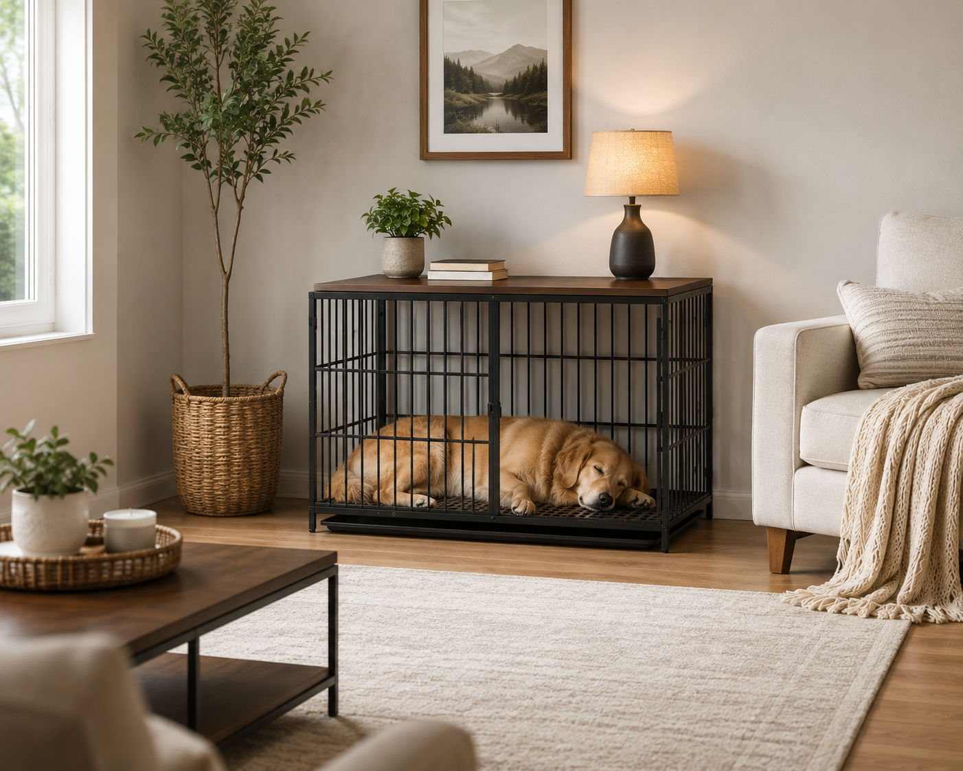 Furniture Three Door Dog Crate – End-Table Pet Kennel with Removable Tray for Indoor Dogs