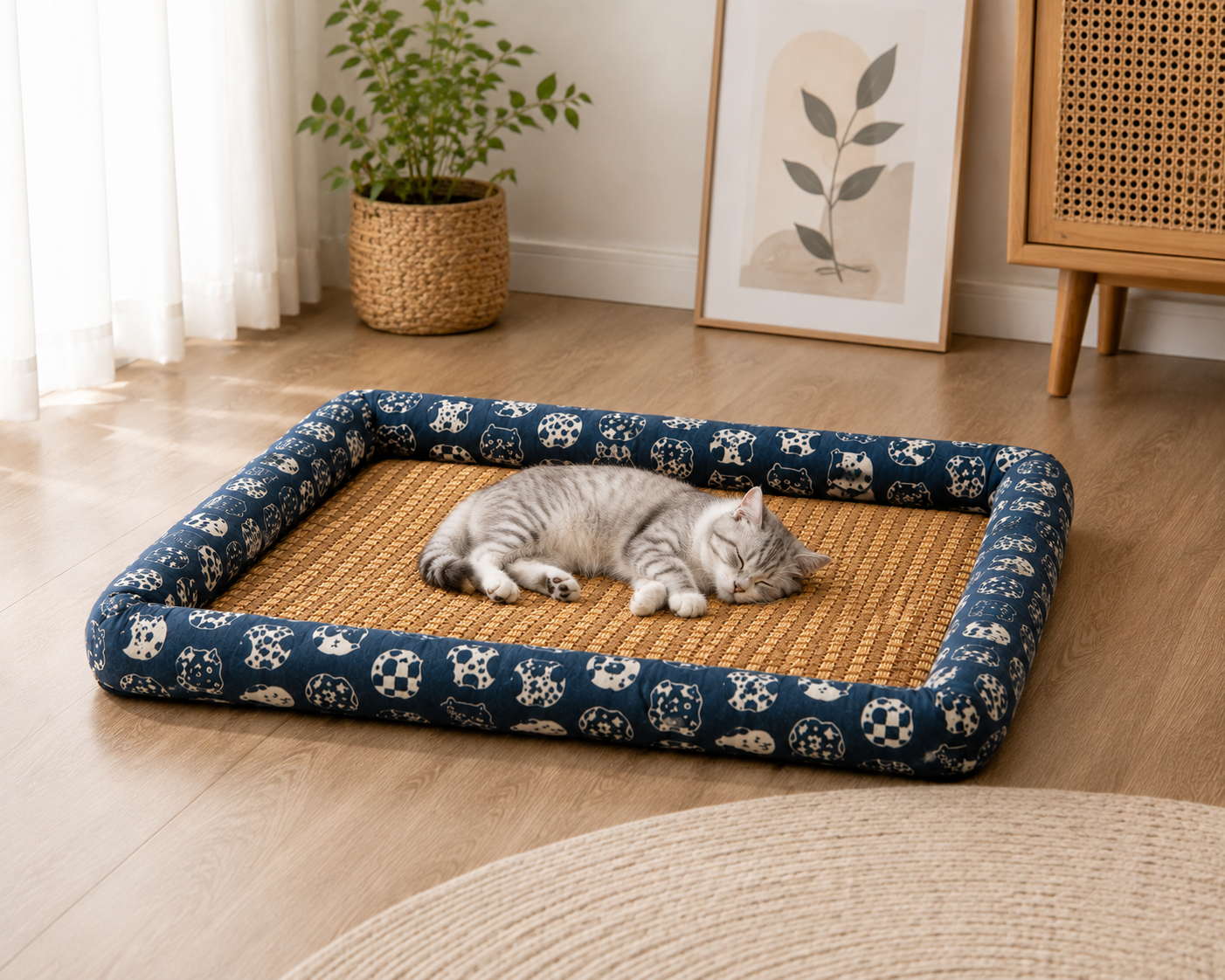 Bolster Cooling Pet Mat – Breathable Summer Lounger Bed with Padded Headrest Pillow for Dogs and Cats