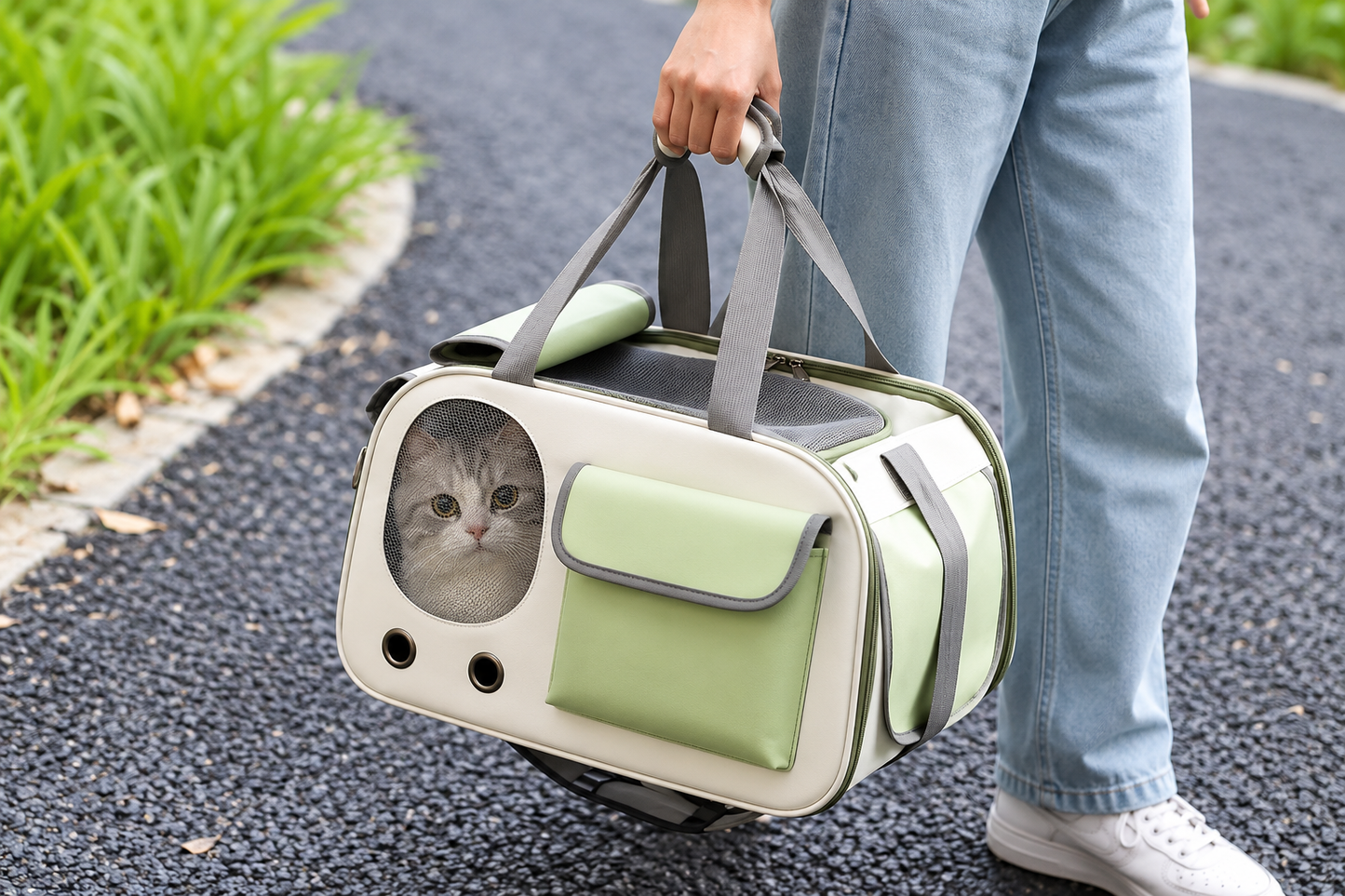 Breathable Front-Pocket Pet Carrier Bag – Soft-Sided Travel Tote with Mesh Windows and Grommet Airflow Vents for Cats