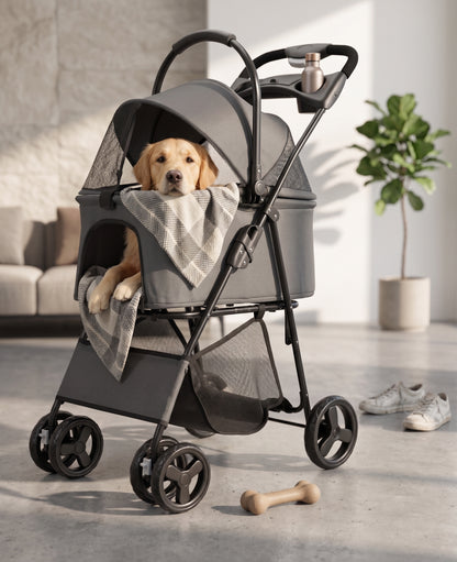 Foldable Detachable Carrier Pet Stroller – 3-in-1 Travel Jogger with Mesh Canopy Storage Basket and Cup Holders