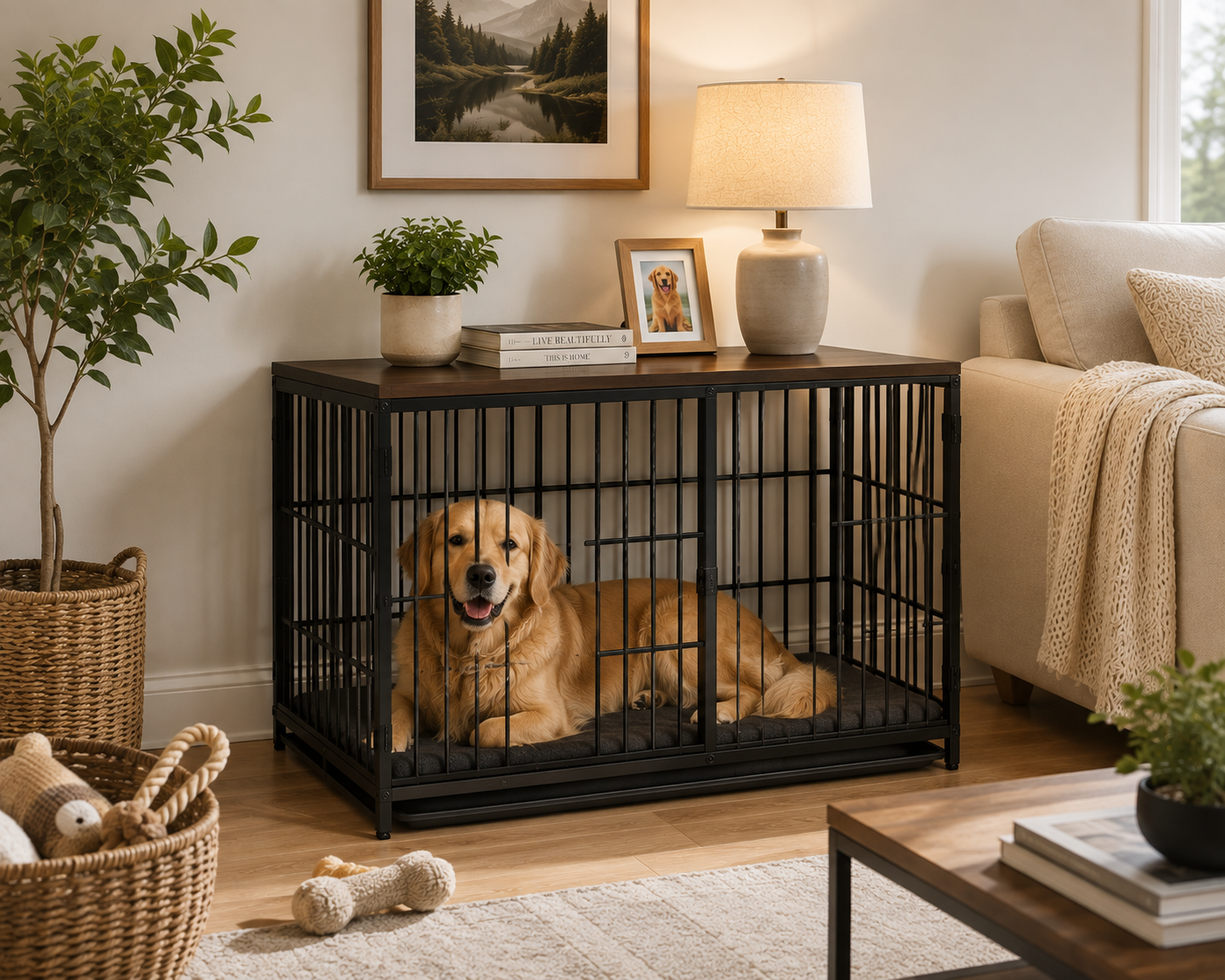 Furniture Three Door Dog Crate – End-Table Pet Kennel with Removable Tray for Indoor Dogs