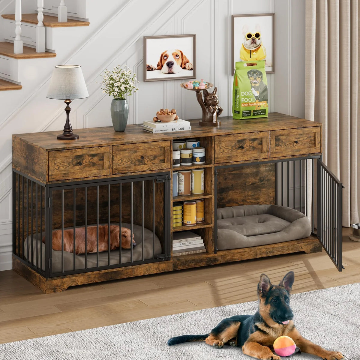 Pawlek Storage Credenza Dog Crate Furniture – Dual Kennel Sideboard with Drawers and Shelves for Pet Supplies