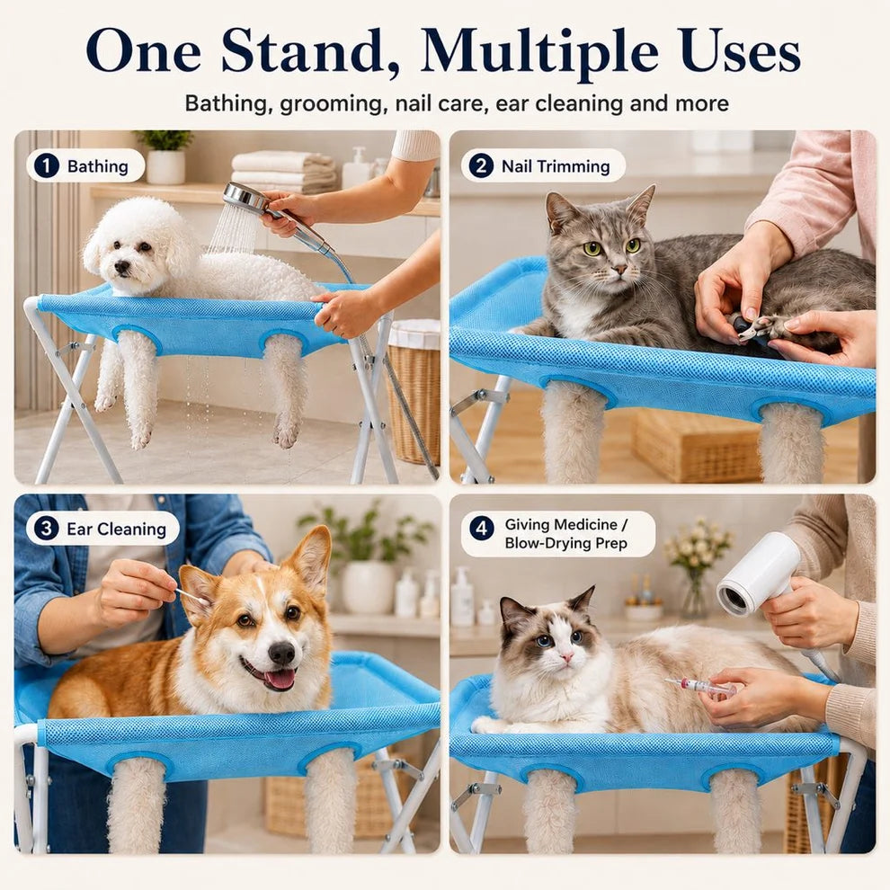 Folding Elevated Dog Grooming Stand – Hammock Station for Cat Bathing, Shower Washing and Nail Trimming