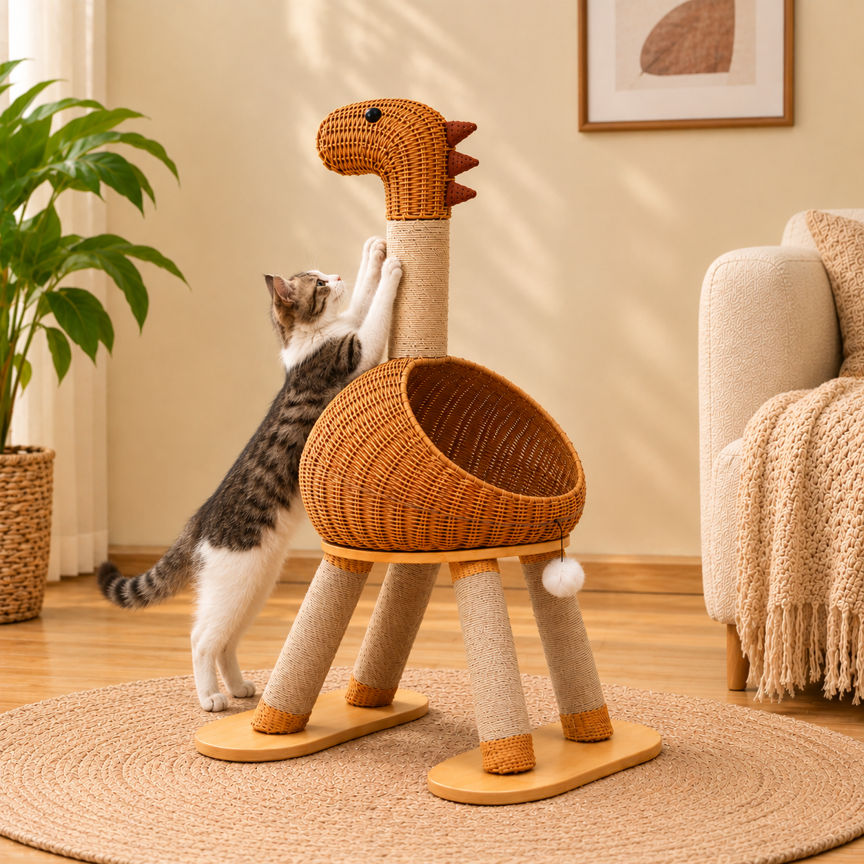 Dinosaur Scratching Cat Tree – Climbing Tower with Woven Condo Cave Post and Hanging Toy for Indoor Cats