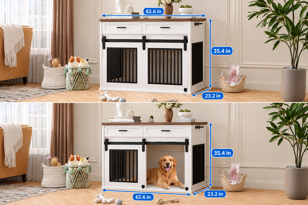 Pawkel Barn-Door Dog Crate Furniture – Indoor Pet Kennel Credenza with Storage Drawers and Sliding Door