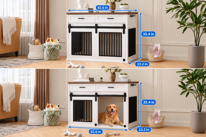 Pawkel Barn-Door Dog Crate Furniture – Indoor Pet Kennel Credenza with Storage Drawers and Sliding Door